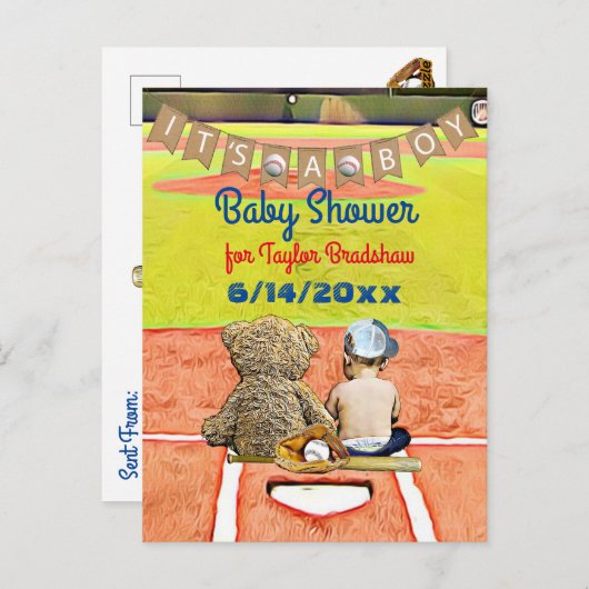 Uitnodiging voor het Baby shower van een honkbaljo (Voorkant / Achterkant)