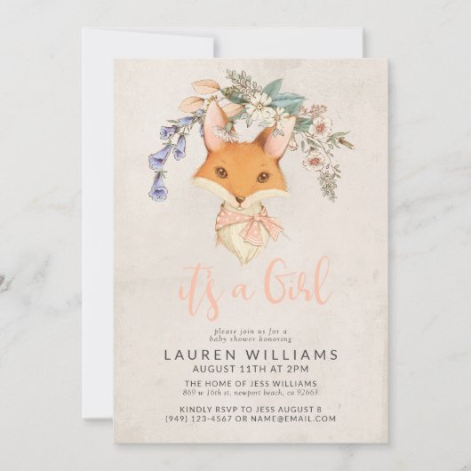 uitnodiging voor het Baby shower van Floral Fox G (Voorkant)