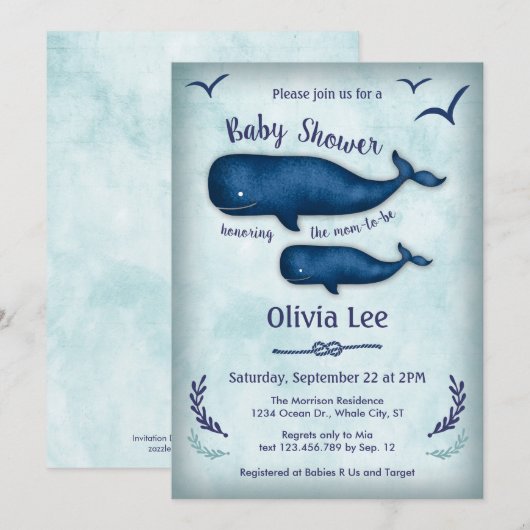uitnodiging voor het Baby shower van walvissen (Voorkant / Achterkant)