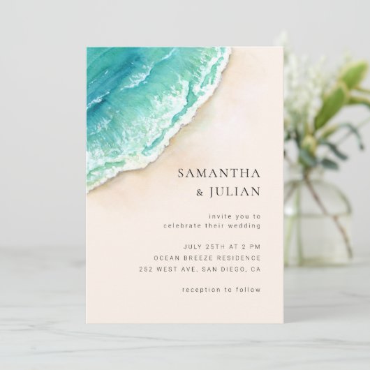 Uitnodiging voor het beach Wedding, Zee Ocean Wedd (Staand voorkant)