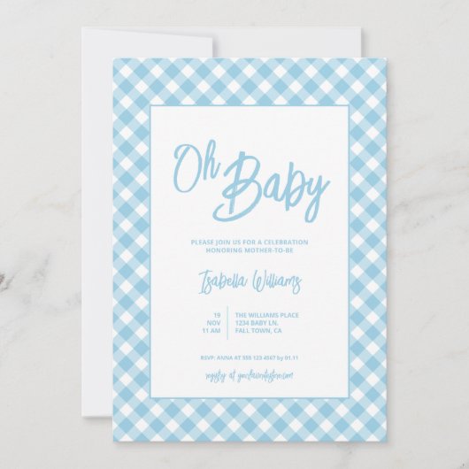 Uitnodiging voor het Blue Gingham Baby shower (Voorkant)