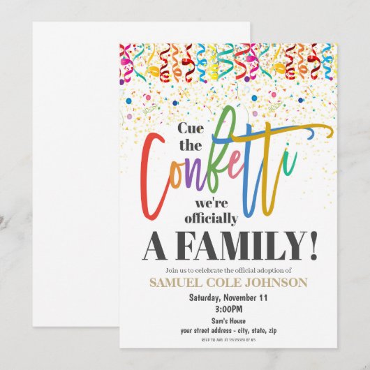 Uitnodiging voor het confetti-adoptiefeest (Voorkant / Achterkant)