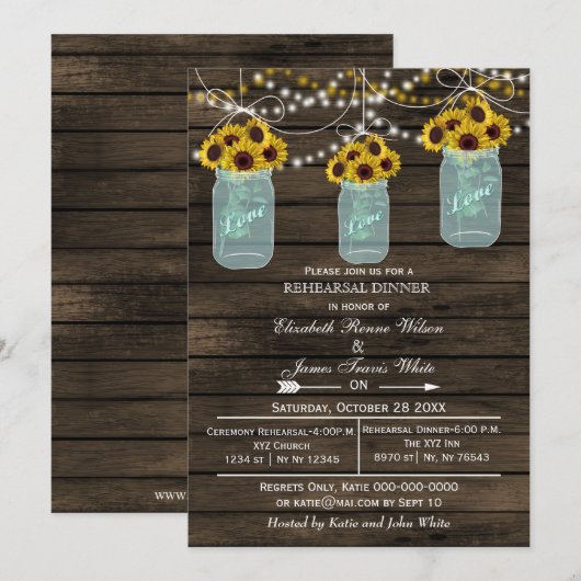 Uitnodiging voor het diner van Barnwood Mason Jars (Voorkant / Achterkant)