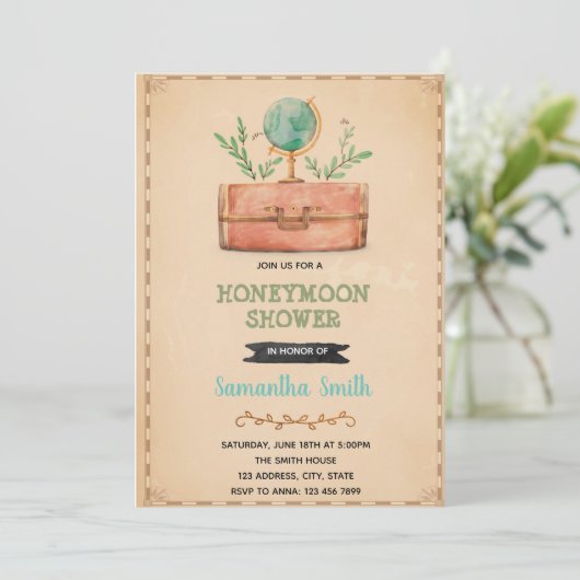 Uitnodiging voor het douchen van reishuwelijksreis (Staand voorkant)