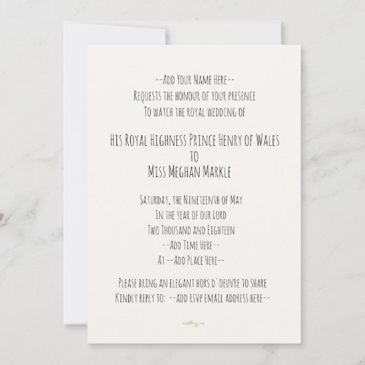 Uitnodiging voor het feest van Harry en Meghan's K (Achterkant)