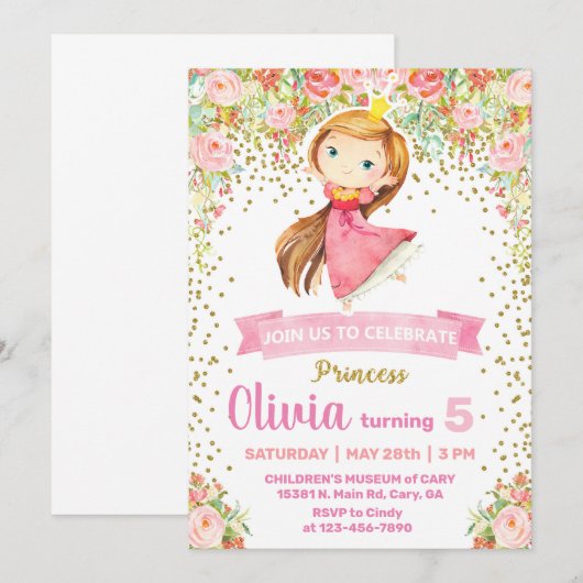 Uitnodiging voor het feestje van prinses meisje. (Voorkant / Achterkant)