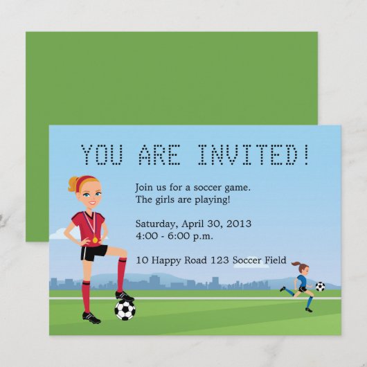 Uitnodiging voor het gamen van Young Girl Soccer (Voorkant / Achterkant)