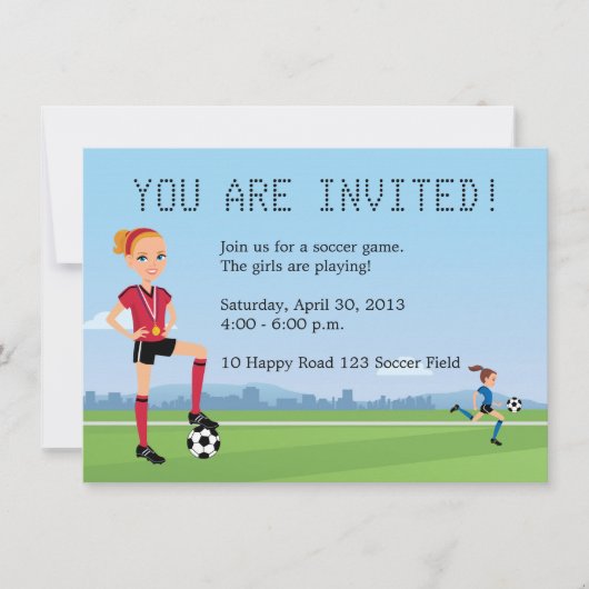 Uitnodiging voor het gamen van Young Girl Soccer (Voorkant)