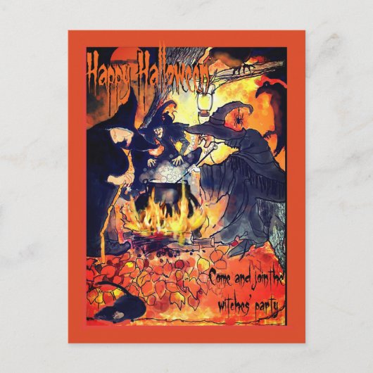 Uitnodiging voor het Halloweenfeest van drie hekse (Voorkant)