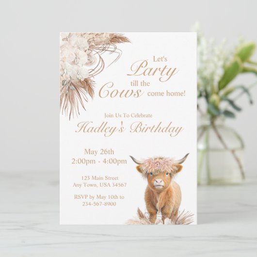 Uitnodiging voor het Heilige Koe Highland Koe Fees (Staand voorkant)