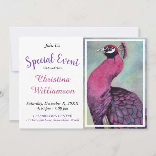 UITNODIGING VOOR HET HOT PINK PEACOCK PARTY EVENEM (Voorkant)