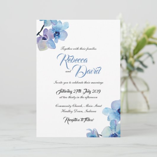 Uitnodiging voor het huwelijk | Blauwe orchidee (Staand voorkant)