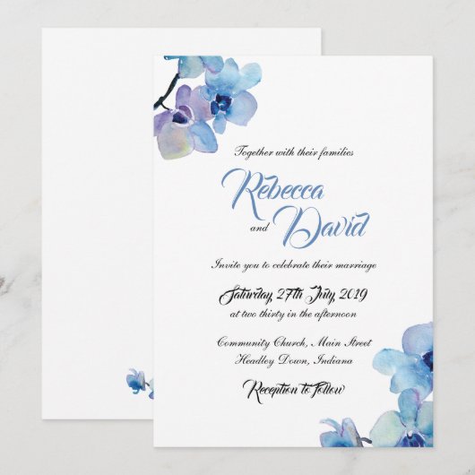 Uitnodiging voor het huwelijk | Blauwe orchidee (Voorkant / Achterkant)