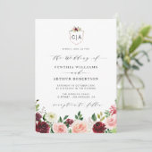 uitnodiging voor het huwelijk met burgundy floral  (Staand voorkant)