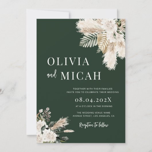 uitnodiging voor het huwelijk met groene pampas (Voorkant)