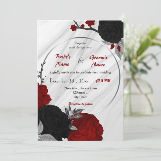 uitnodiging voor het huwelijk met rode en zwarte f (Staand voorkant)
