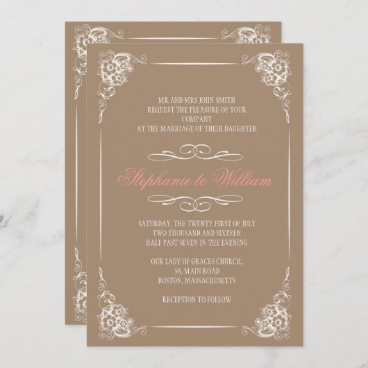 uitnodiging voor het huwelijk van Floral in Mocha (Voorkant / Achterkant)