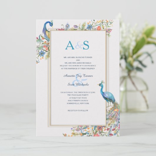 Uitnodiging voor het huwelijk van pauwen (Staand voorkant)