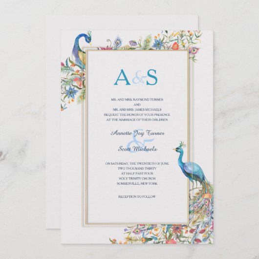 Uitnodiging voor het huwelijk van pauwen (Voorkant / Achterkant)