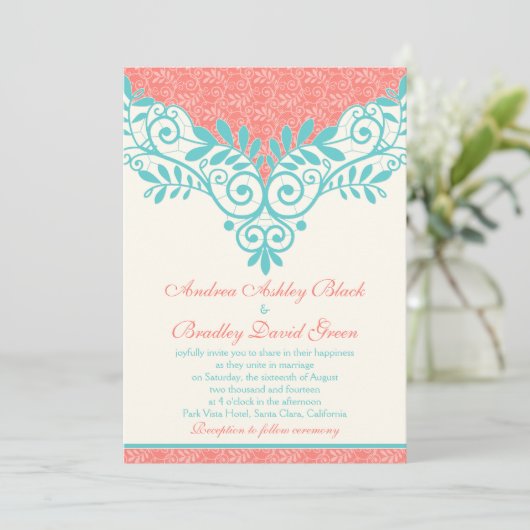  uitnodiging voor het huwelijk van Turquoise Coral (Staand voorkant)