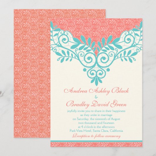 uitnodiging voor het huwelijk van Turquoise Coral (Voorkant / Achterkant)