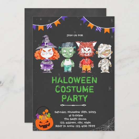 uitnodiging voor het kostuum Halloween (Voorkant / Achterkant)