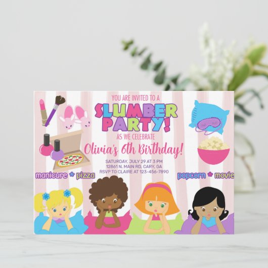 Uitnodiging voor het meisje-slumberfeest. (Staand voorkant)