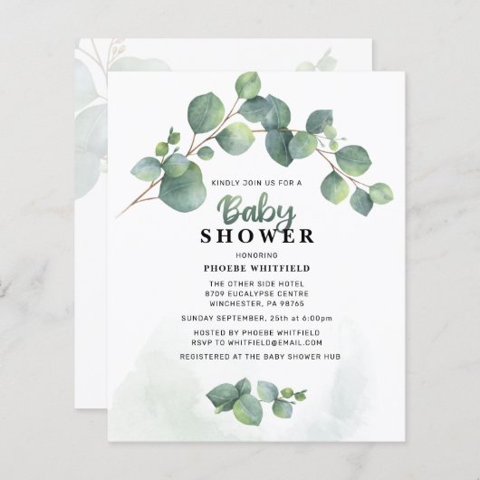 Uitnodiging voor het Modern Waterverf Greenery Bab (Voorkant / Achterkant)