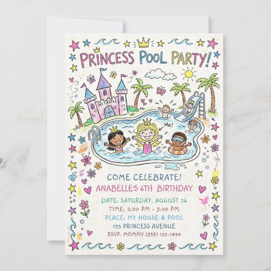 Uitnodiging voor het prinsessen zwembadfeest (Voorkant)