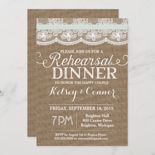 Uitnodiging voor het repetitiediner, Burlap and La (Voorkant / Achterkant)