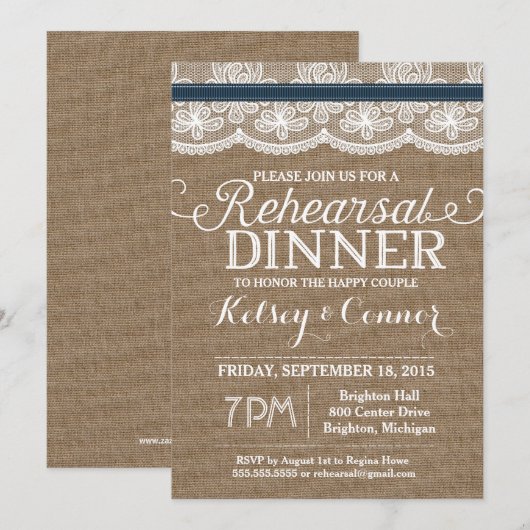 Uitnodiging voor het repetitiediner, Burlap & Lace (Voorkant / Achterkant)
