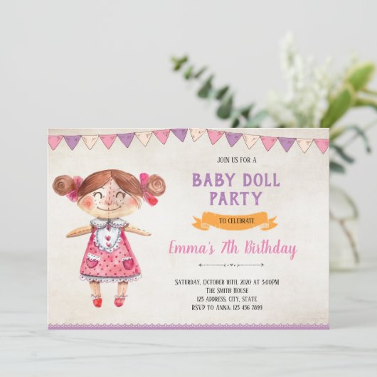 Uitnodiging voor het thema Doll (Staand voorkant)