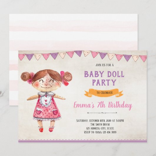 Uitnodiging voor het thema Doll (Voorkant / Achterkant)