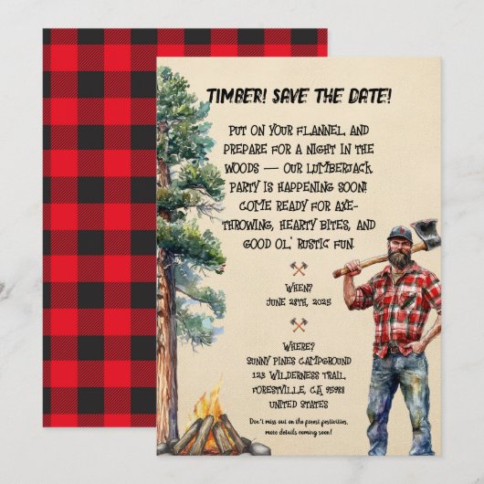 Uitnodiging voor het themafeest van Lumberjack (Voorkant / Achterkant)