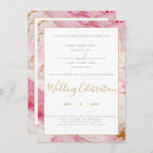 Uitnodiging voor het trouwen tegen roze en gouden  (Voorkant / Achterkant)