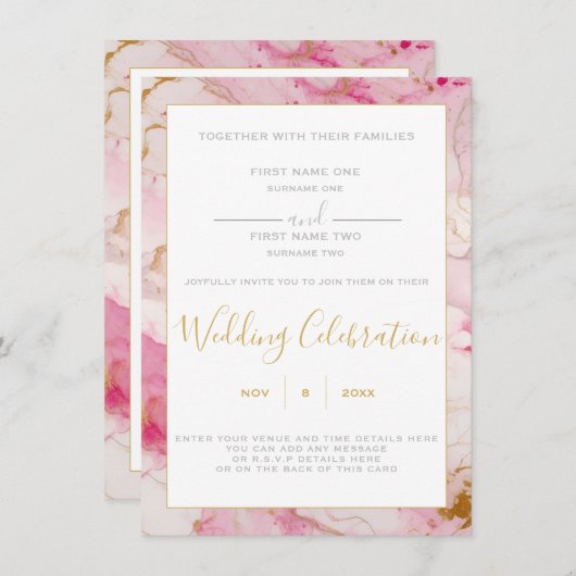 Uitnodiging voor het trouwen tegen roze en gouden  (Voorkant / Achterkant)