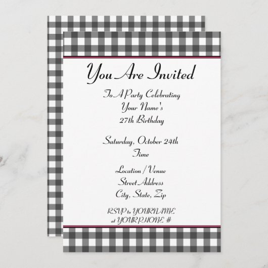 uitnodiging voor het verjaardagsfeest van gingham (Voorkant / Achterkant)