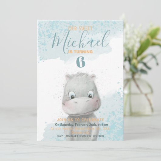 Uitnodiging voor het verjaardagsfeest van Hippo jo (Staand voorkant)