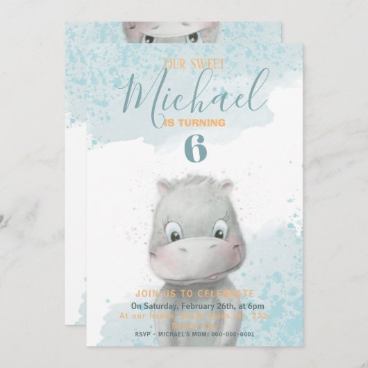 Uitnodiging voor het verjaardagsfeest van Hippo jo (Voorkant / Achterkant)