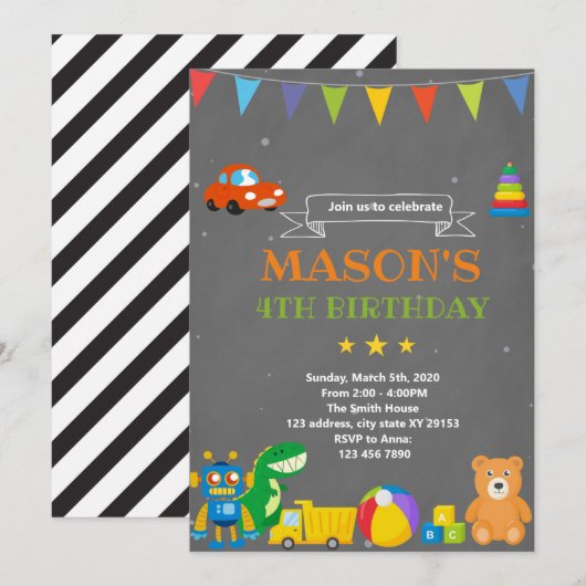 Uitnodiging voor het verjaardagsthema van Toyland (Voorkant / Achterkant)