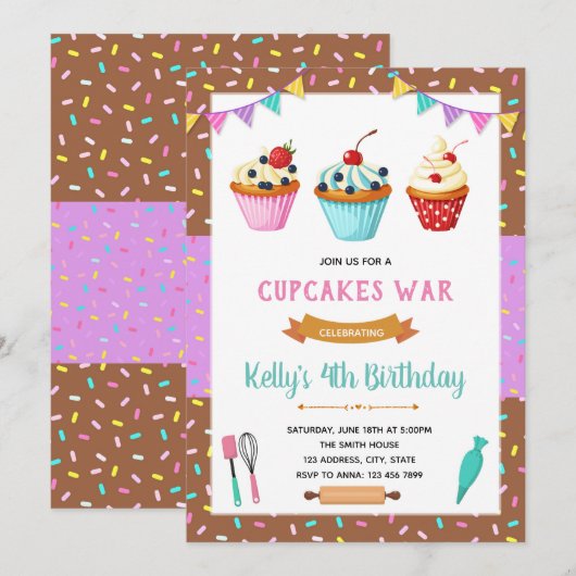 Uitnodiging voor het versieren van cupcakes feest (Voorkant / Achterkant)