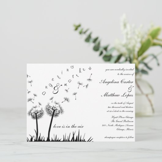 uitnodiging voor het vliegen met dandelion bruilof (Staand voorkant)