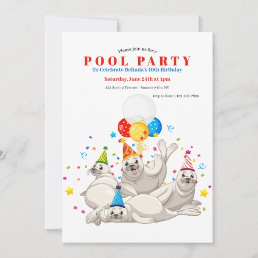 Uitnodiging voor het zeeleeuwen zwembadfeest (Voorkant)