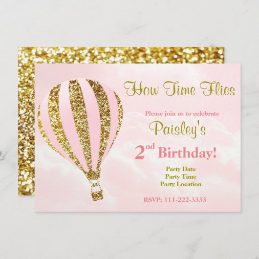 Uitnodiging voor heteluchtballon in roze en goud (Voorkant / Achterkant)