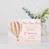Uitnodiging voor heteluchtballon in roze en goud (Staand voorkant)
