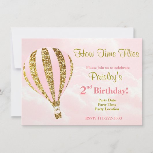 Uitnodiging voor heteluchtballon in roze en goud (Voorkant)