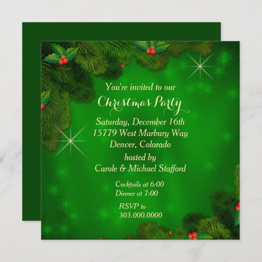 Uitnodiging voor Holly Berry Green met kerstfeest (Voorkant / Achterkant)