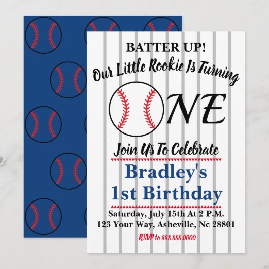 Uitnodiging voor honkbal 1e verjaardag (Voorkant / Achterkant)