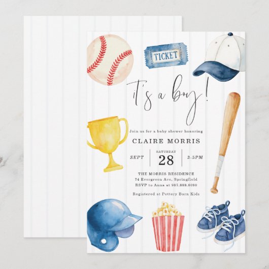 Uitnodiging voor honkbal baby shower (Voorkant / Achterkant)
