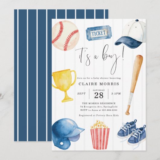 Uitnodiging voor honkbal baby shower (Voorkant / Achterkant)